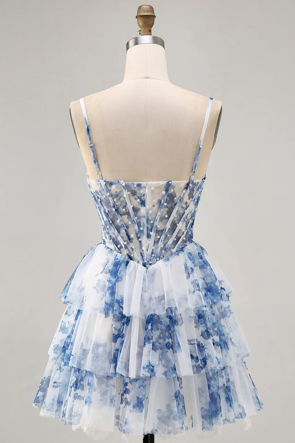 Flor azul branca em camadas frisada uma linha impressa Homecoming Dress