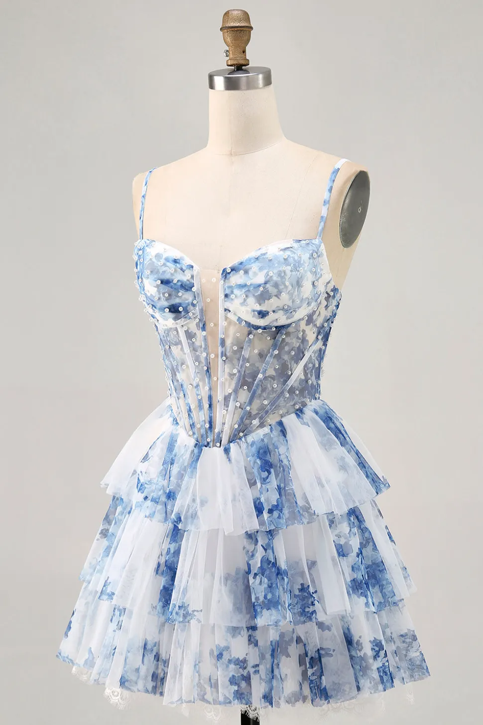 Flor azul branca em camadas frisada uma linha impressa Homecoming Dress