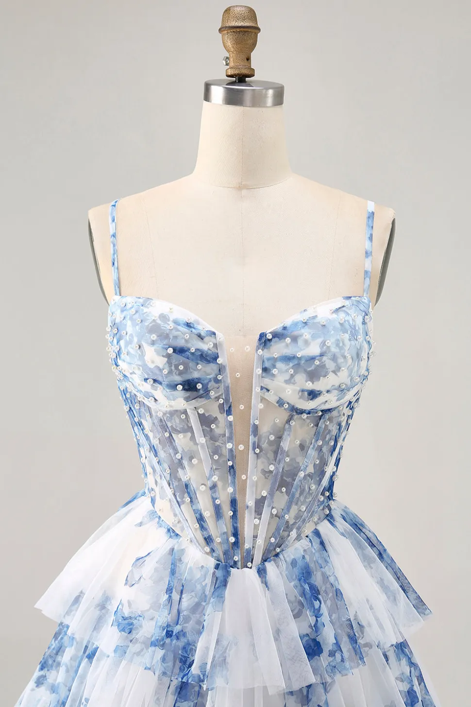 Flor azul branca em camadas frisada uma linha impressa Homecoming Dress