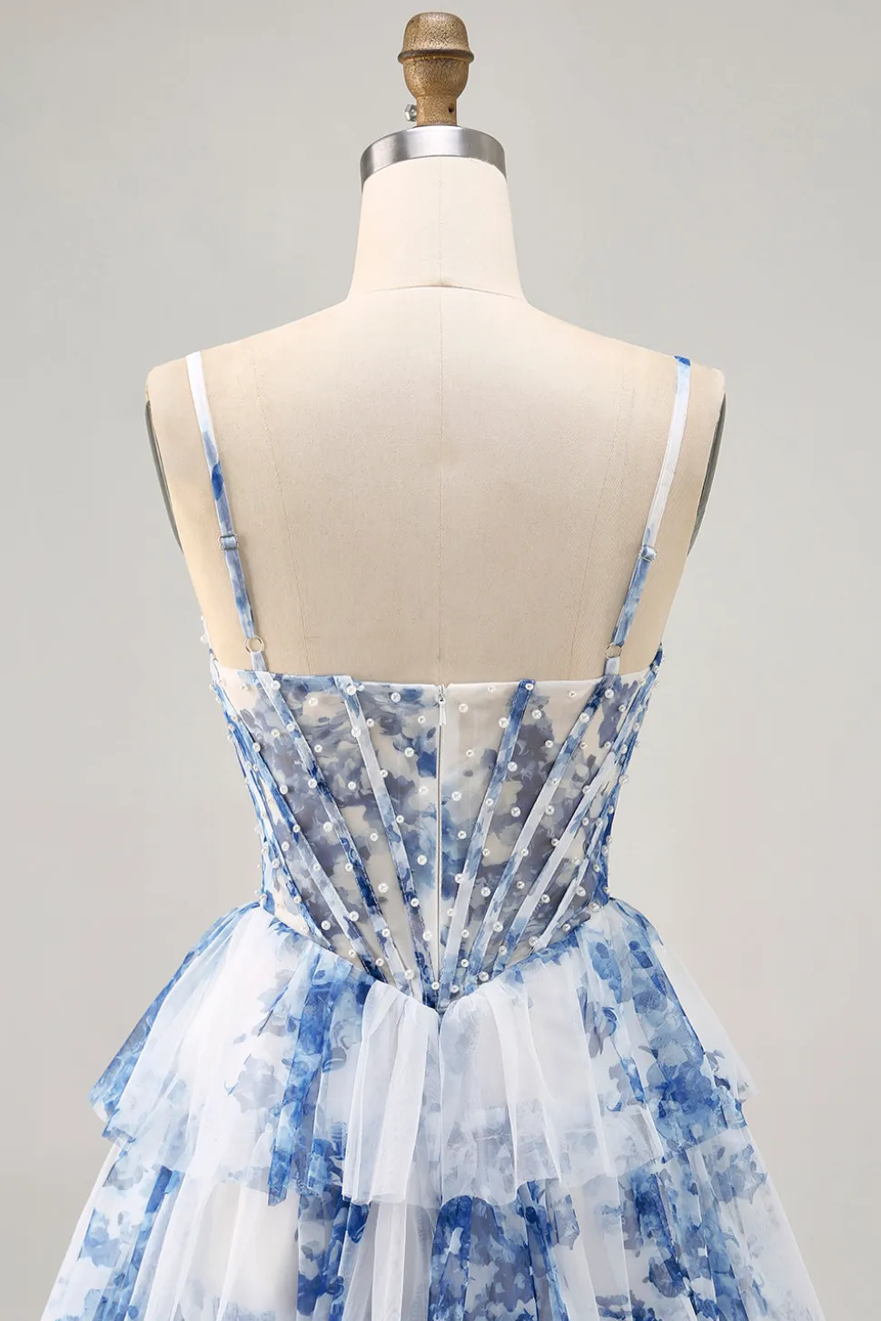 Flor azul branca em camadas frisada uma linha impressa Homecoming Dress