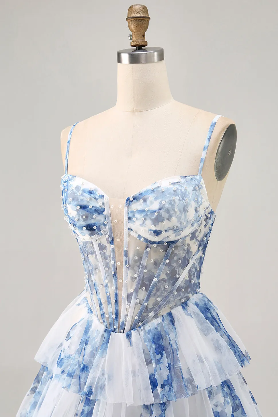 Flor azul branca em camadas frisada uma linha impressa Homecoming Dress