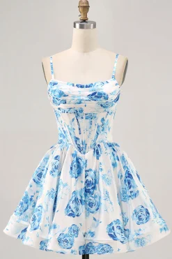 Flor azul branca estampada uma linha Corset Homecoming Dress