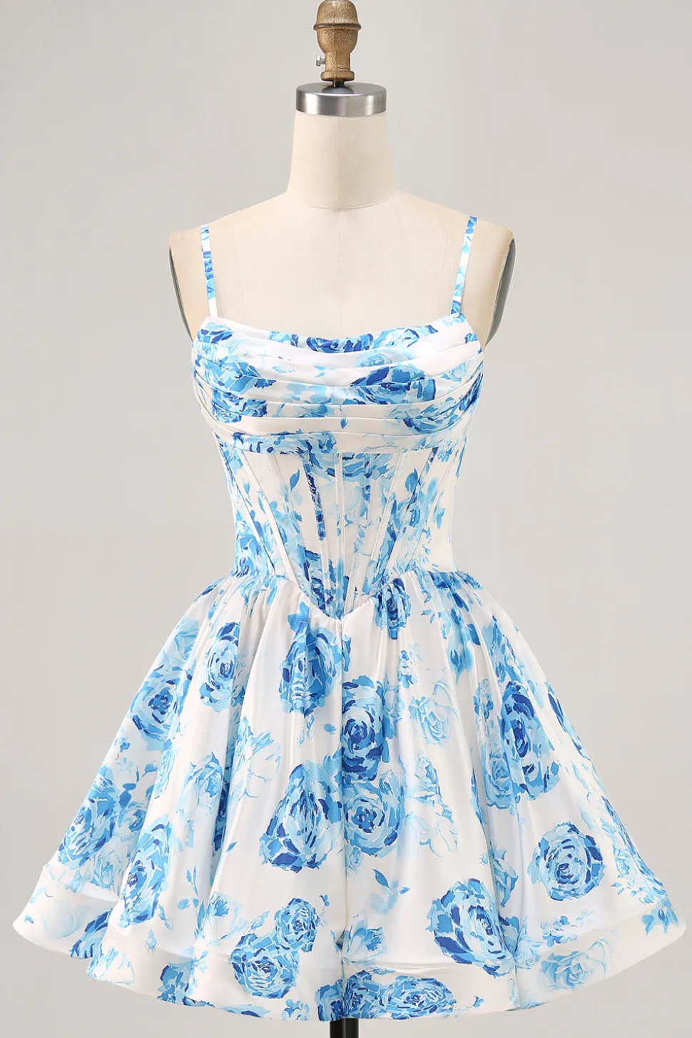 Flor azul branca estampada uma linha Corset Homecoming Dress