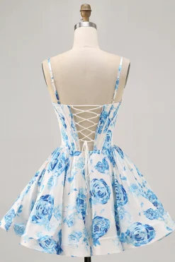 Flor azul branca estampada uma linha Corset Homecoming Dress