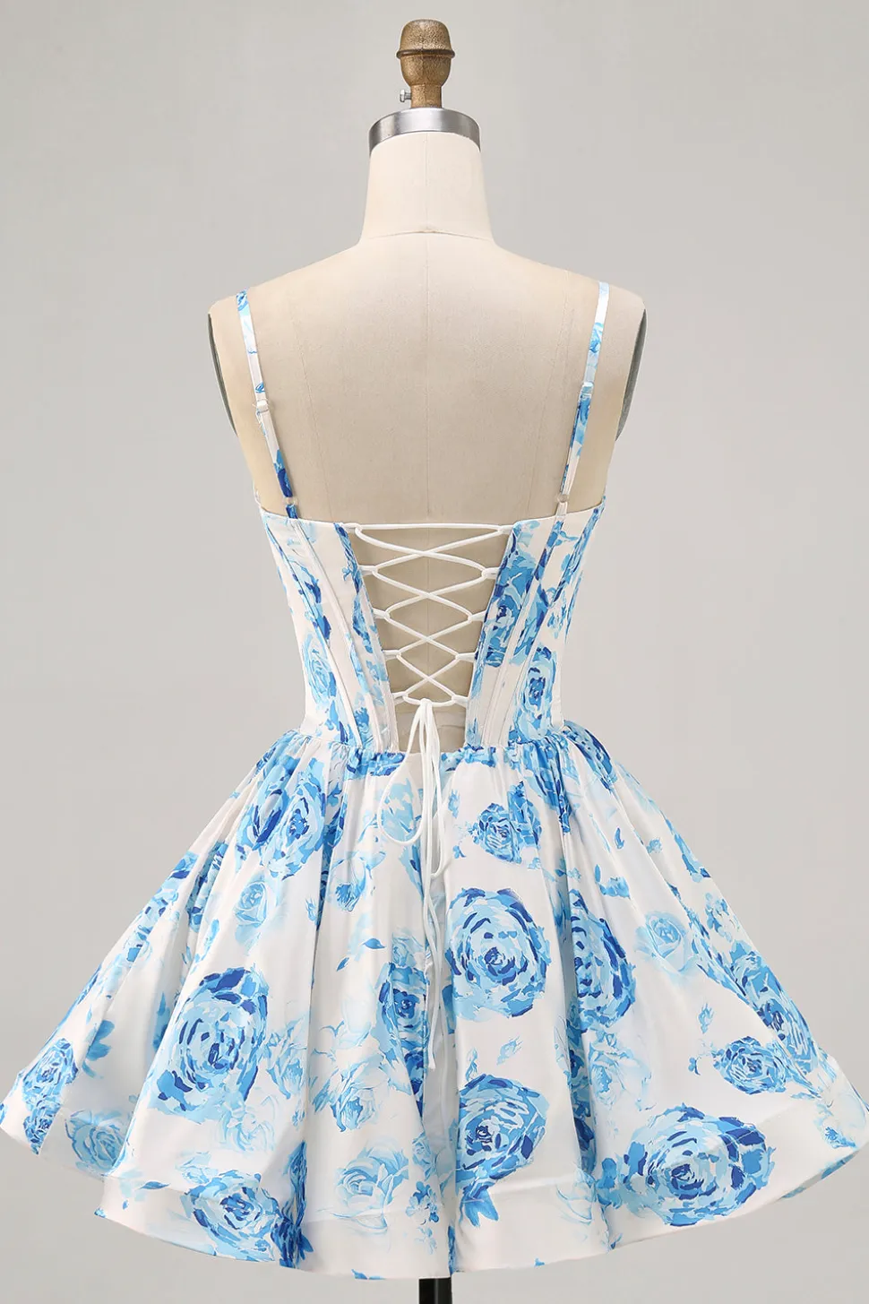 Flor azul branca estampada uma linha Corset Homecoming Dress