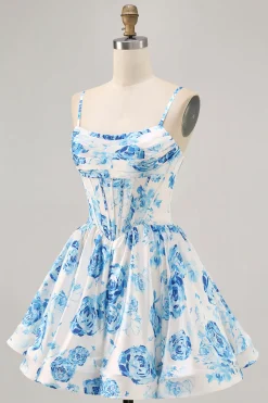 Flor azul branca estampada uma linha Corset Homecoming Dress