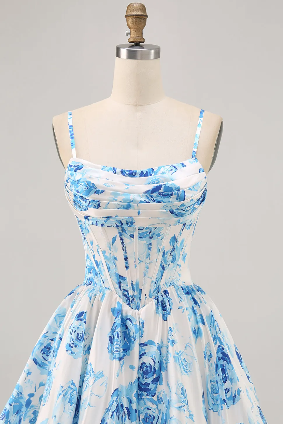 Flor azul branca estampada uma linha Corset Homecoming Dress