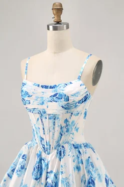 Flor azul branca estampada uma linha Corset Homecoming Dress