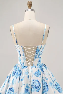 Flor azul branca estampada uma linha Corset Homecoming Dress