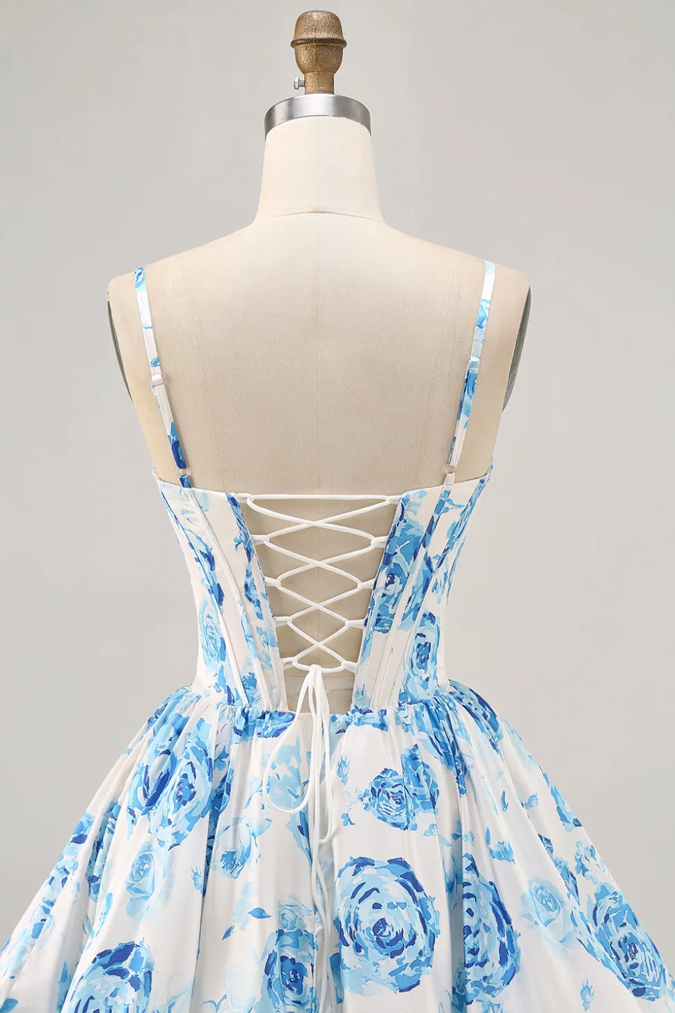 Flor azul branca estampada uma linha Corset Homecoming Dress