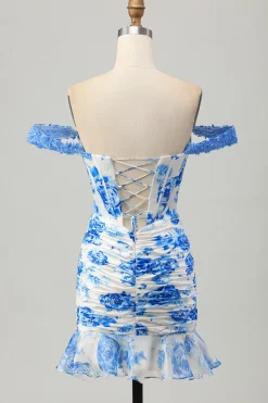 Flor azul branca fora do espartilho ombro vestido curto Homecoming com babados