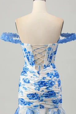 Flor azul branca fora do espartilho ombro vestido curto Homecoming com babados