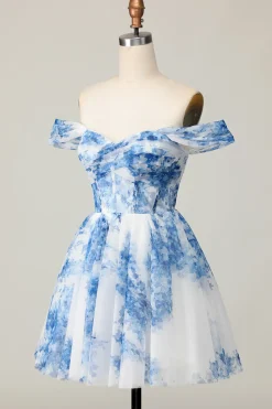 Flor azul branca fora do ombro uma linha vestido curto Homecoming