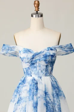 Flor azul branca fora do ombro uma linha vestido curto Homecoming