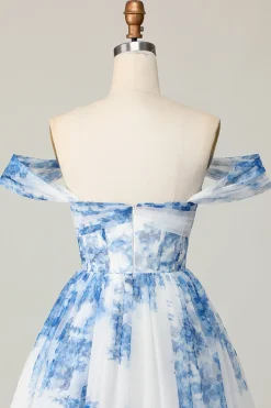 Flor azul branca fora do ombro uma linha vestido curto Homecoming