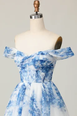 Flor azul branca fora do ombro uma linha vestido curto Homecoming