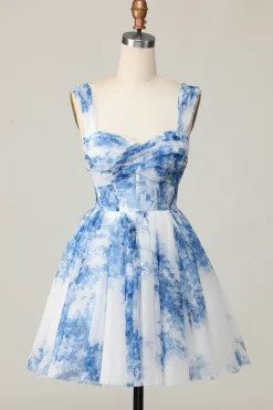 Flor azul branca fora do ombro uma linha vestido curto Homecoming