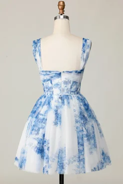 Flor azul branca fora do ombro uma linha vestido curto Homecoming