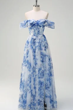 Flor azul branca fora do ombro A-Line vestido de dama de honra com fenda
