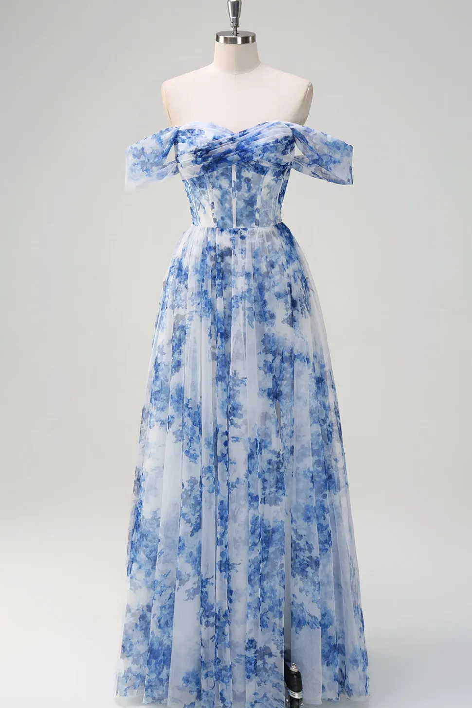 Flor azul branca fora do ombro A-Line vestido de dama de honra com fenda