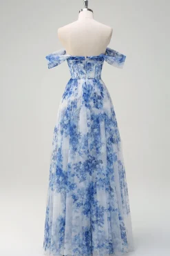 Flor azul branca fora do ombro A-Line vestido de dama de honra com fenda