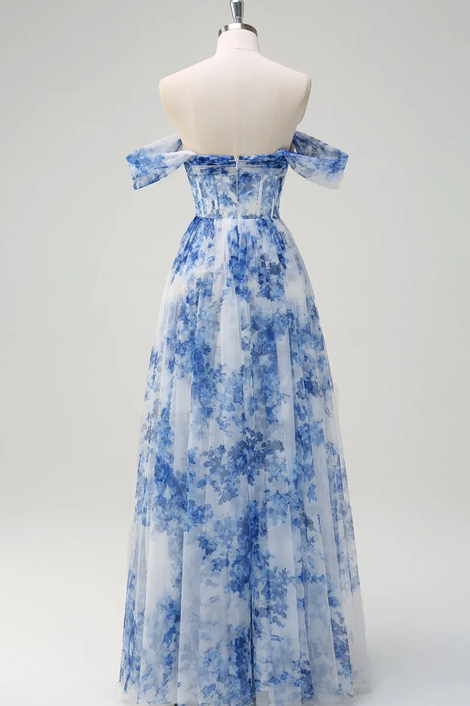 Flor azul branca fora do ombro A-Line vestido de dama de honra com fenda