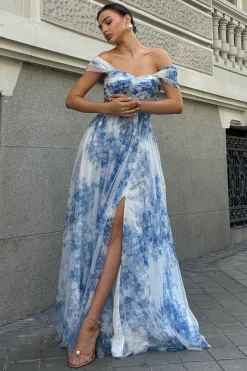 Flor azul branca fora do ombro A-Line vestido de dama de honra com fenda