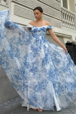 Flor azul branca fora do ombro A-Line vestido de dama de honra com fenda