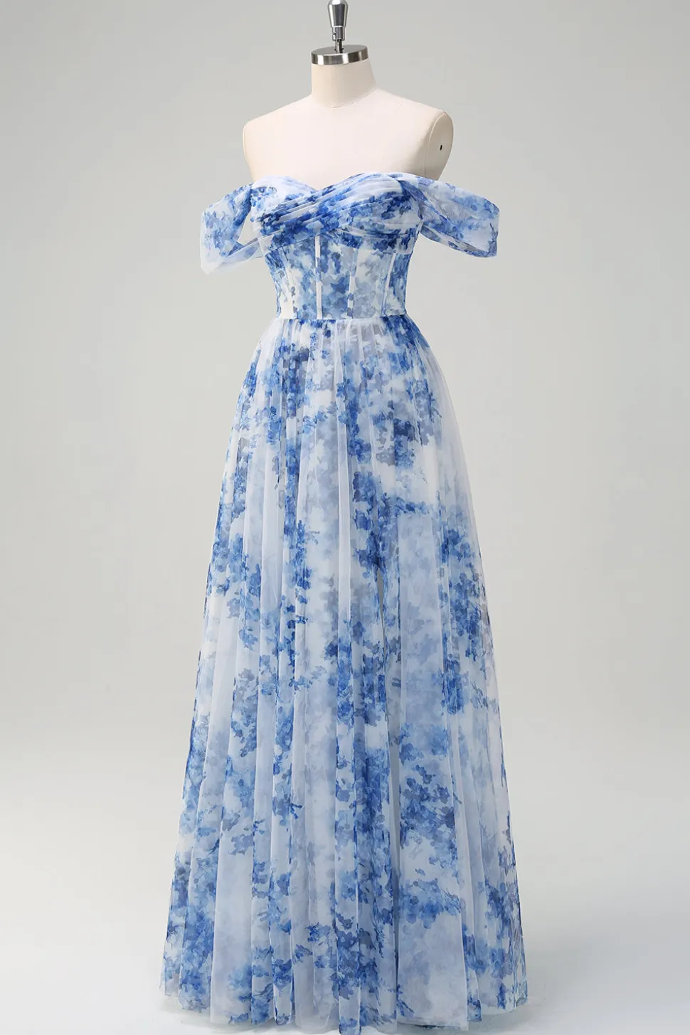 Flor azul branca fora do ombro A-Line vestido de dama de honra com fenda
