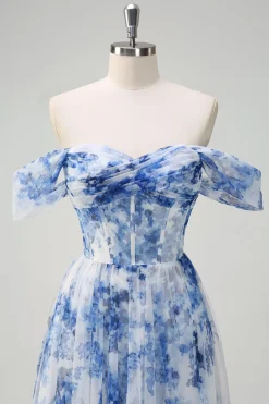 Flor azul branca fora do ombro A-Line vestido de dama de honra com fenda