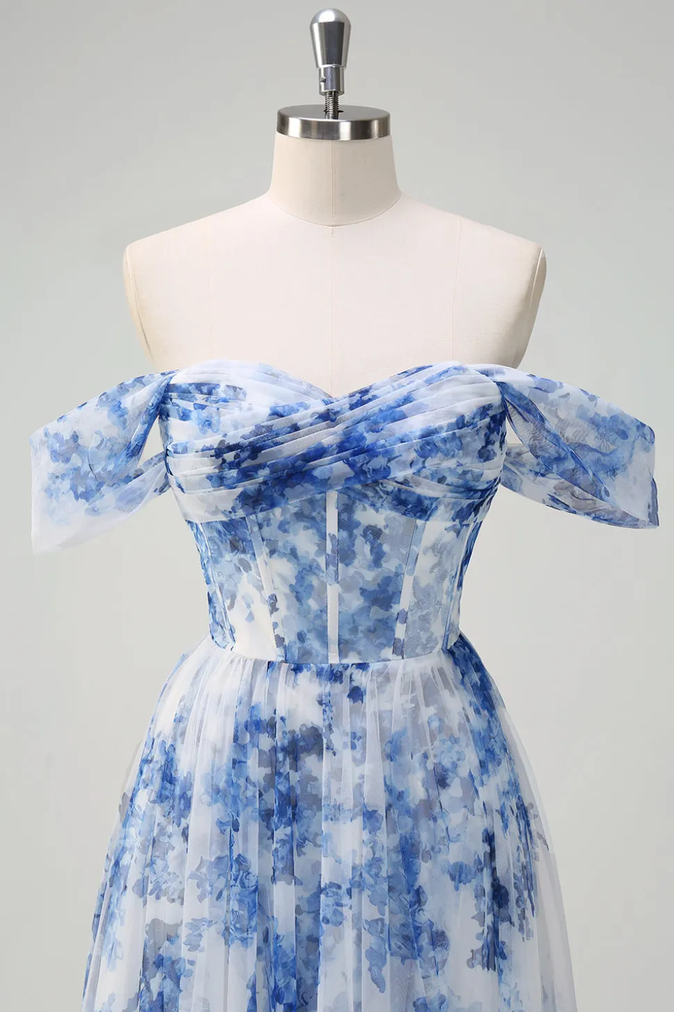 Flor azul branca fora do ombro A-Line vestido de dama de honra com fenda