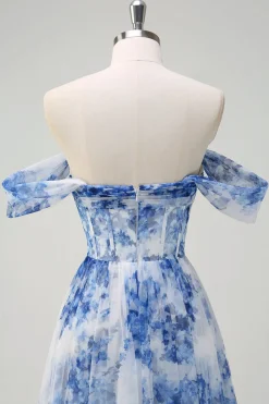 Flor azul branca fora do ombro A-Line vestido de dama de honra com fenda