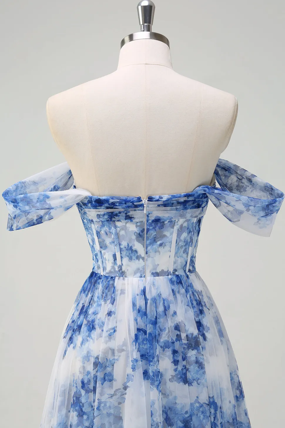 Flor azul branca fora do ombro A-Line vestido de dama de honra com fenda