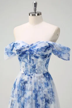 Flor azul branca fora do ombro A-Line vestido de dama de honra com fenda