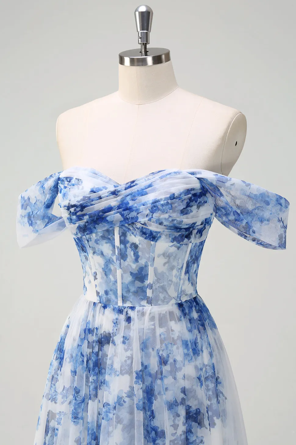 Flor azul branca fora do ombro A-Line vestido de dama de honra com fenda