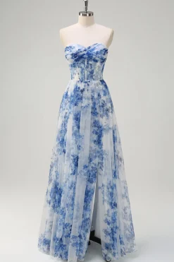 Flor azul branca fora do ombro A-Line vestido de dama de honra com fenda