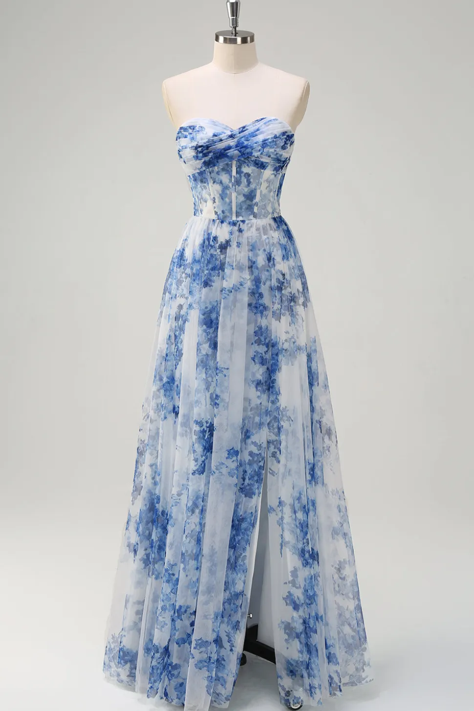Flor azul branca fora do ombro A-Line vestido de dama de honra com fenda