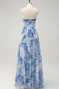 Flor azul branca fora do ombro A-Line vestido de dama de honra com fenda