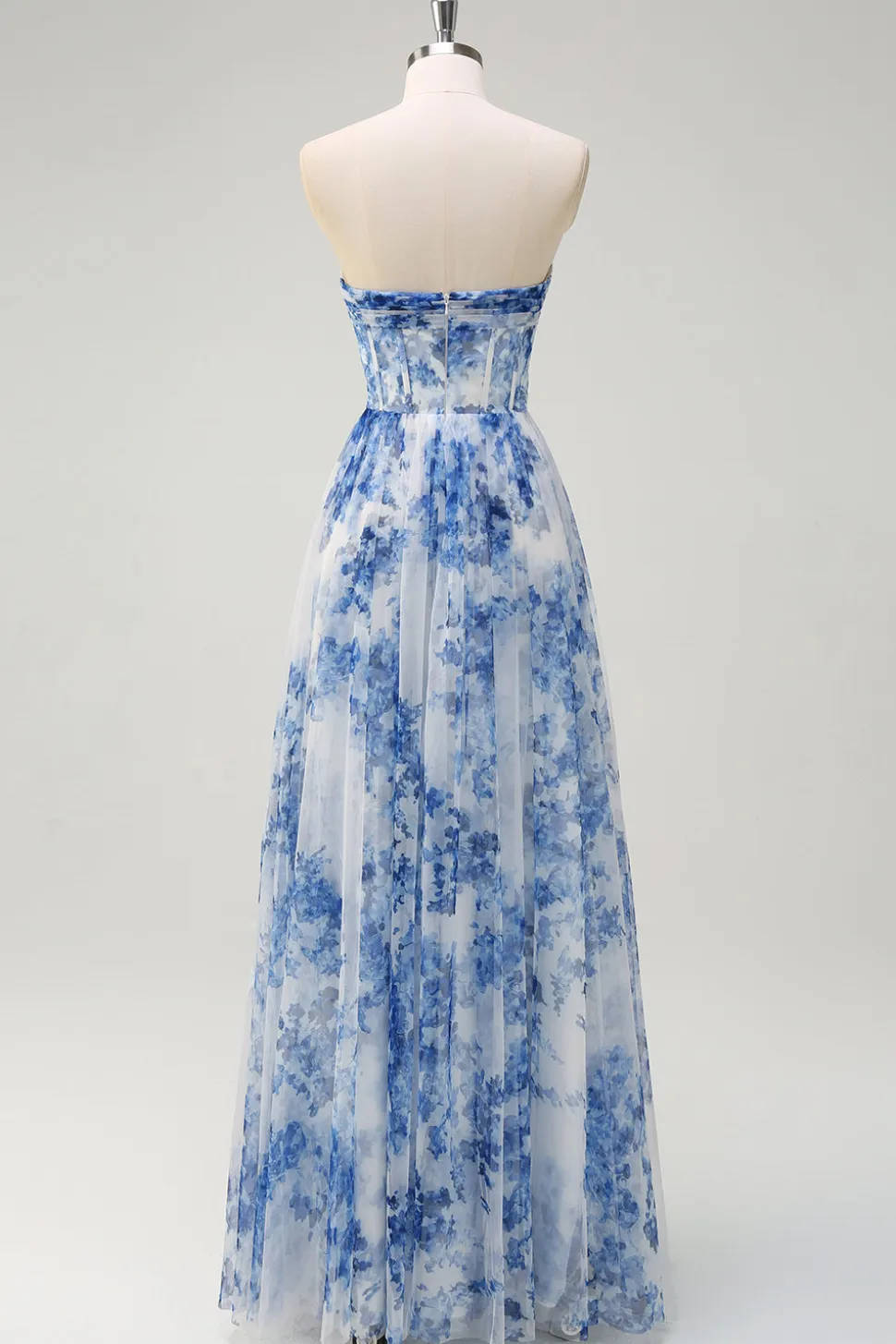 Flor azul branca fora do ombro A-Line vestido de dama de honra com fenda