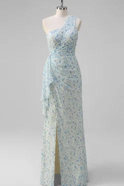 Flor azul branca um ombro vestido de dama de honra com fenda
