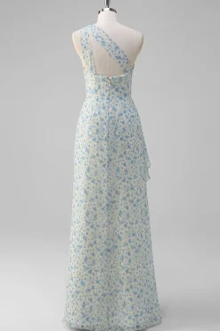 Flor azul branca um ombro vestido de dama de honra com fenda