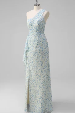 Flor azul branca um ombro vestido de dama de honra com fenda
