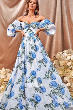 Flor azul branca Um vestido de baile longo linha com mangas babadas