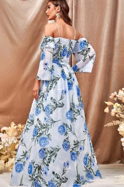 Flor azul branca Um vestido de baile longo linha com mangas babadas