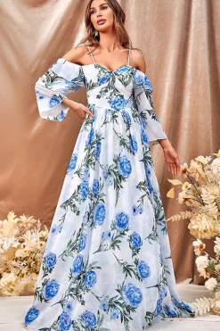 Flor azul branca Um vestido de baile longo linha com mangas babadas
