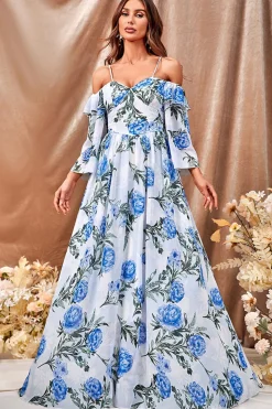 Flor azul branca Um vestido de baile longo linha com mangas babadas