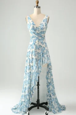 Flor azul branca Uma linha babado alto-baixo vestido de noiva convidado