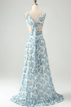Flor azul branca Uma linha babado alto-baixo vestido de noiva convidado