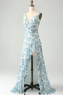 Flor azul branca Uma linha babado alto-baixo vestido de noiva convidado