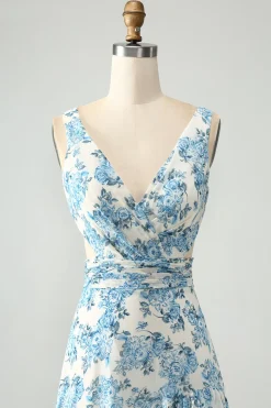 Flor azul branca Uma linha babado alto-baixo vestido de noiva convidado